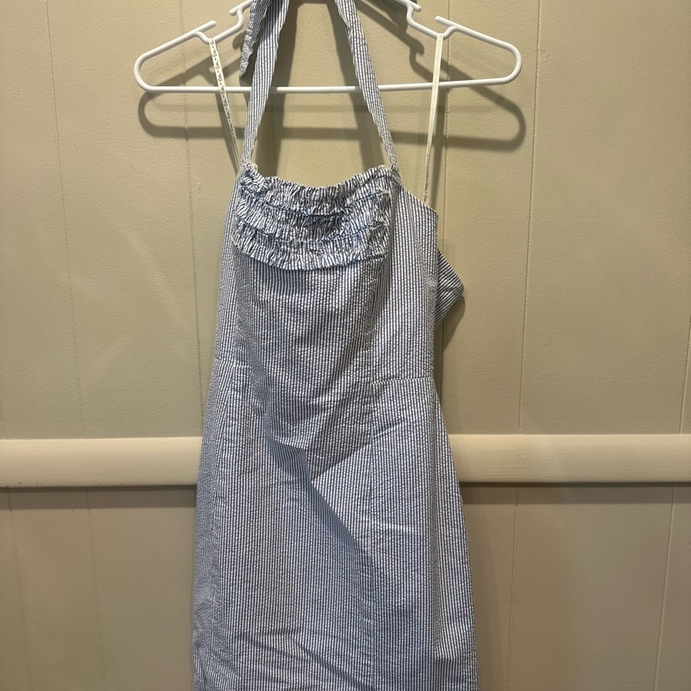 Blue and White Seersucker Striped Halter Dress